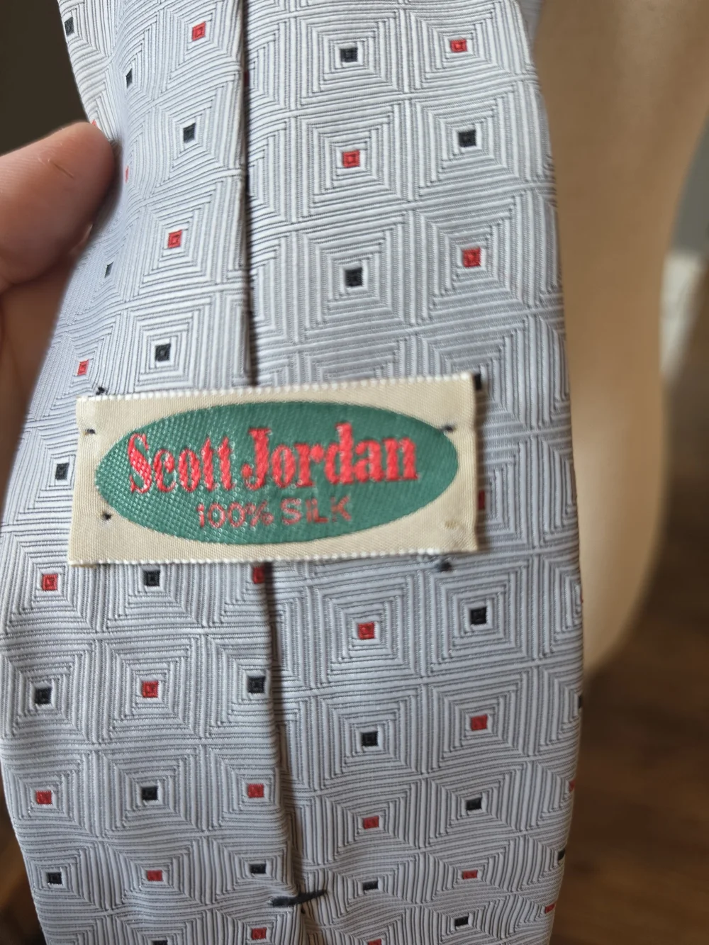 Vintage Scott Jordan 100% Silk Geometric Tie Geay Red Black